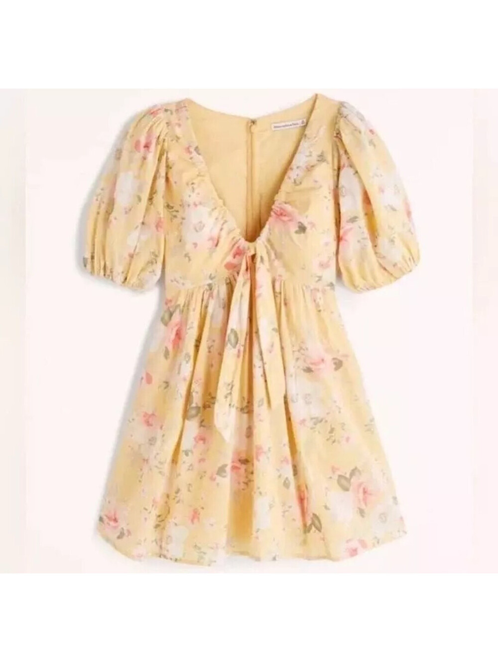 Abercrombie & Fitch Babydoll Dress Women's Sz M Yellow Floral Bow Puff Sleeve